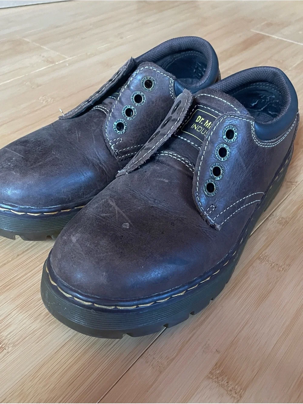Dr. Martens Brown Leather Slip-On Oxfords with Yellow Stitching
